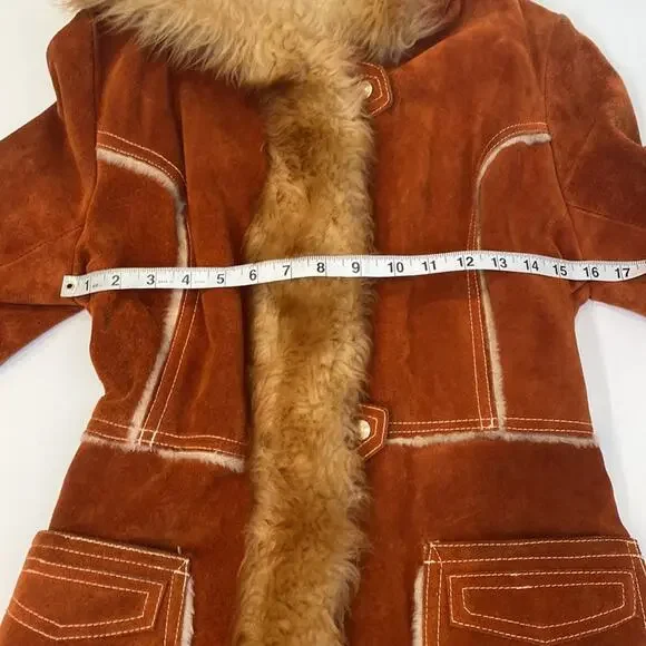 Vintage Penny Lane Rust Colored Suede Coat w/ Faux Fur Trim Snap Closure Sz XS - Picture 12 of 16